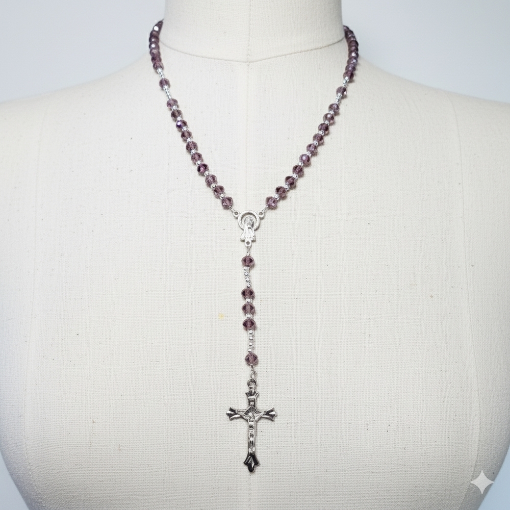 Rosary 18-20" Necklace Purple AB Crystal Silver Tone Beaded Religion Christian